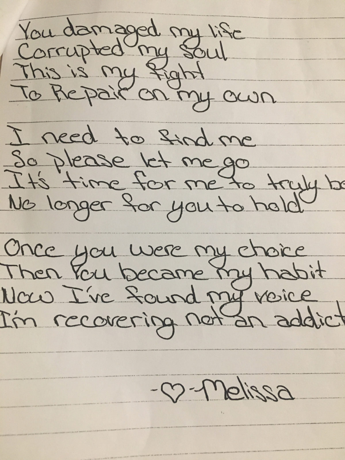 This image portrays Dear Meth by Addiction Poetry.
