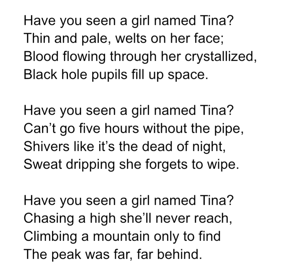 This image portrays Have You Seen A Girl Named Tina? by Addiction Poetry.